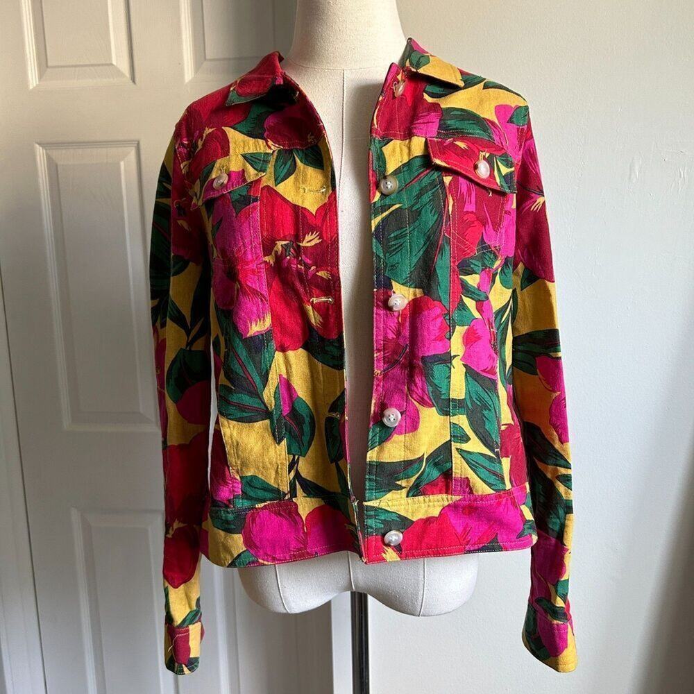 Colorful Floral Button Lightweight Jacket Resort Wear Tropical Beach size M